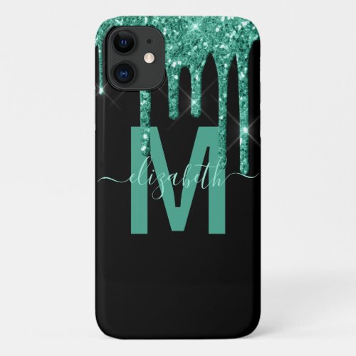 Chic Turquoise Dripping Glitter Monogram Name iPhone 11 Case