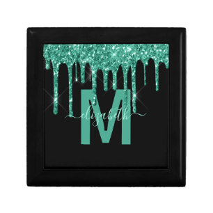 Chic Turquoise Dripping Glitter Monogram Name Gift Box