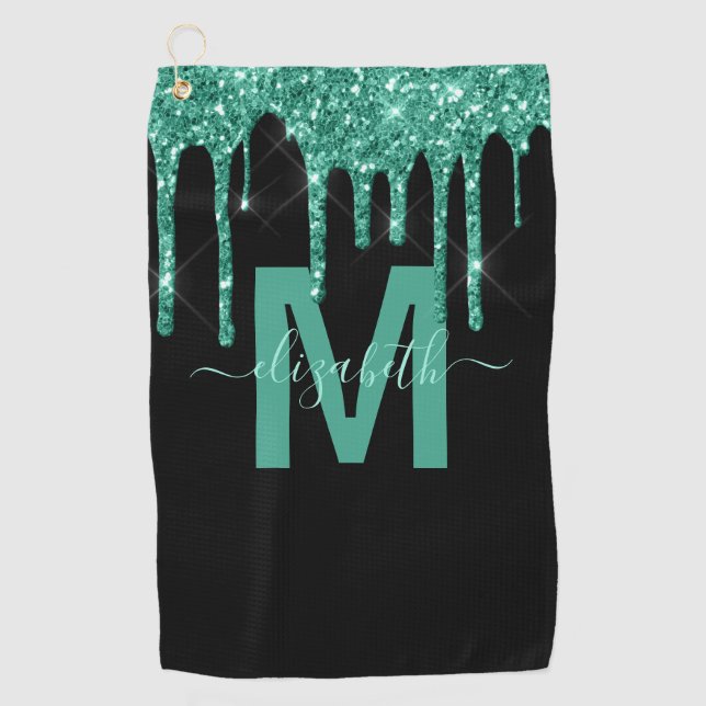 Chic Turquoise Dripping Glitter Monogram Name Golf Towel (Front)