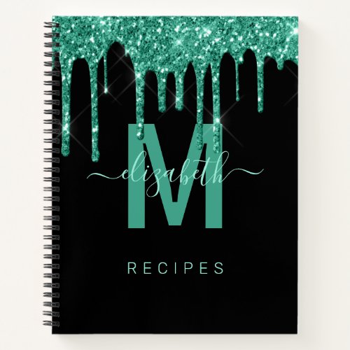 Chic Turquoise Dripping Glitter Monogram Recipe Notebook