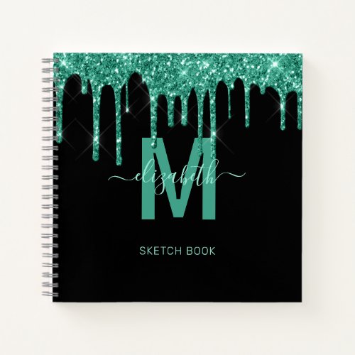 Chic Turquoise Dripping Glitter Monogram Sketch Notebook