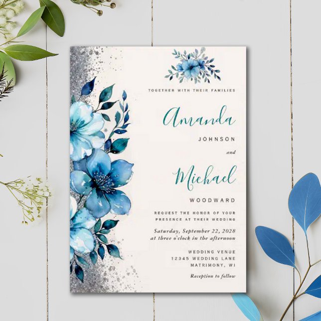 Chic Turquoise Floral Fall Winter Wedding Invitation (Creator Uploaded)