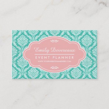 Chic Turquoise French Damask Pink Personalized Business Card by Jujulili at Zazzle