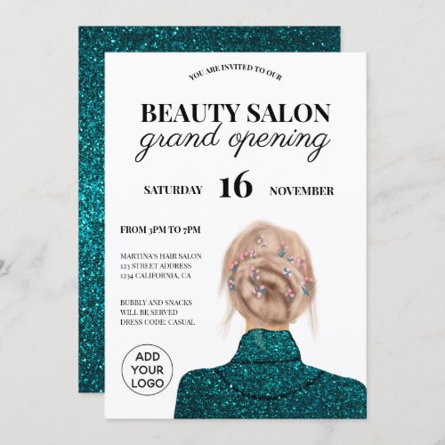 Chic turquoise glitter beauty salon grand opening invitation
