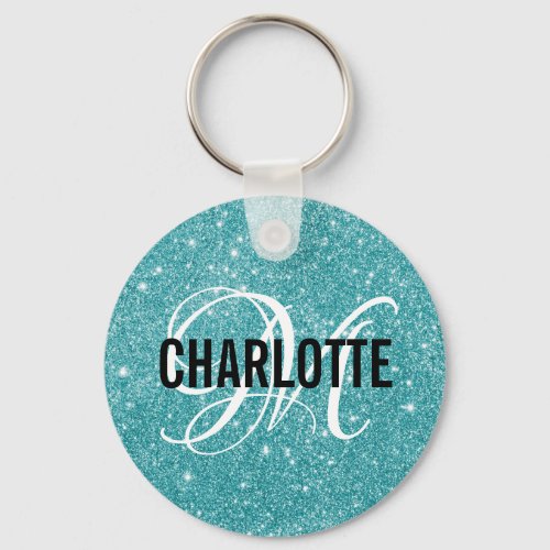 Chic turquoise glitter monogram name  keychain