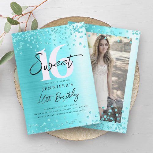 Chic Turquoise Glitter Photo Sweet 16 Party Invitation