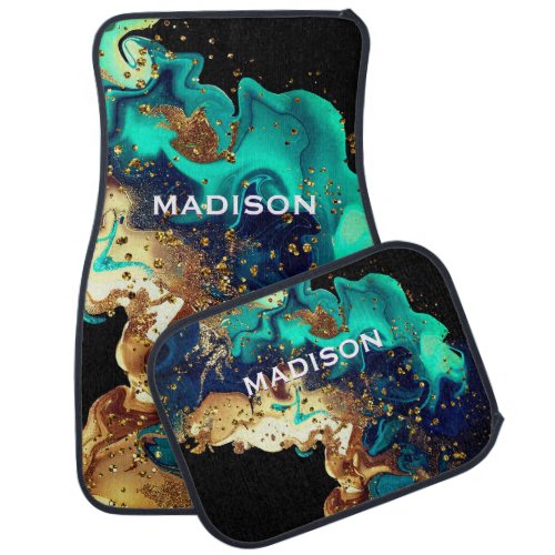 Chic turquoise gold faux glitter marbling monogram car floor mat