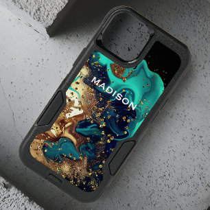 Chic turquoise gold faux glitter marbling monogram OtterBox iPhone 14 case