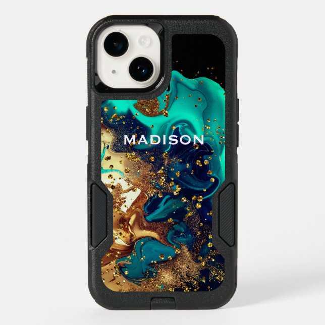 Chic turquoise gold faux glitter marbling monogram otterbox iPhone case (Back)