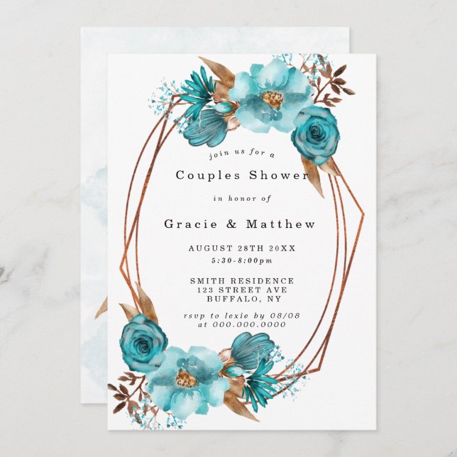 Chic Turquoise Gold Frame Couples Shower Invites (Front/Back)