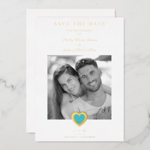 Chic Turquoise  Gold Heart Photo Couple Wedding Foil Invitation