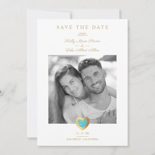 Chic Turquoise  Gold Heart Photo Couple Wedding Save The Date