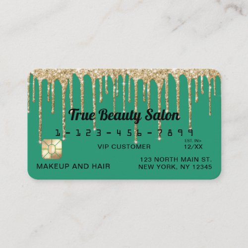 Chic Turquoise Green Gold Glitter Drips Credit Business Card