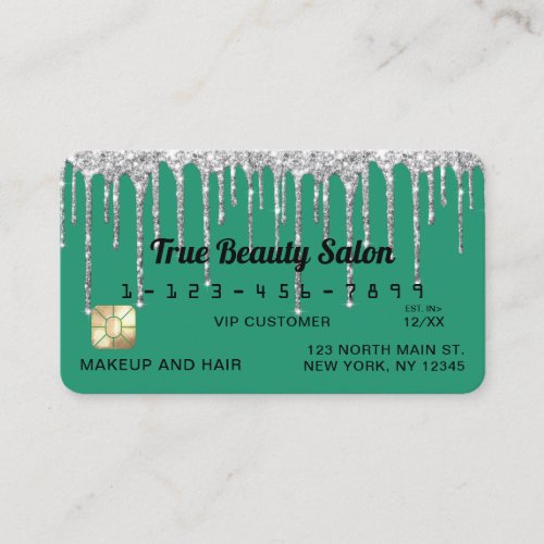 Chic Turquoise Green Silver Glitter Drips Credit Business Card