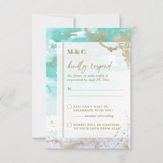 Chic Turquoise Lavender Gold Abstract Art Wedding RSVP Card