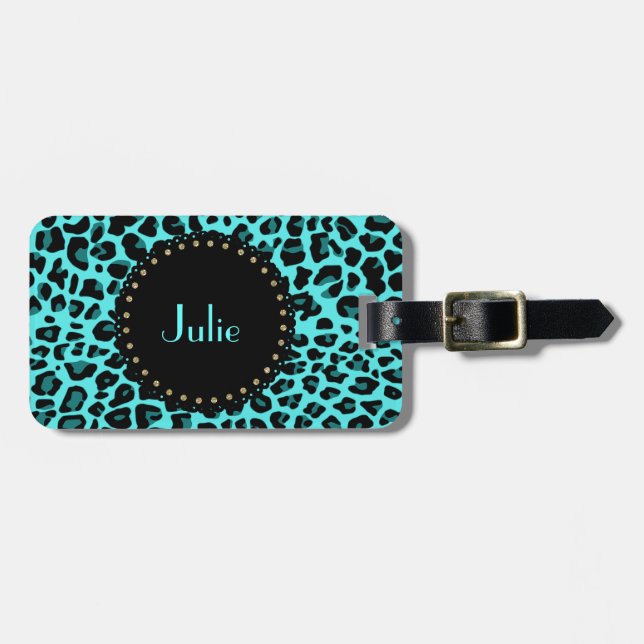 Chic Turquoise Leopard Print Luggage Tag (Front Horizontal)