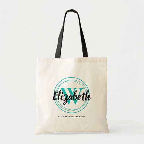 Chic Turquoise Monogram Initial Script Name Tote Bag