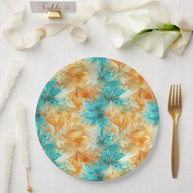 Chic Turquoise Orange Flowers Paper Plates (Wedding)