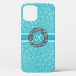Chic Turquoise Ostrich Leather Look Monogram iPhone 12 Case