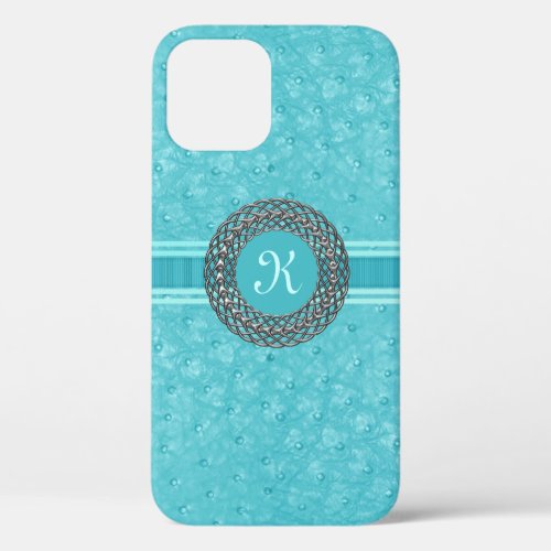 Chic Turquoise Ostrich Leather Look Monogram iPhone 12 Case