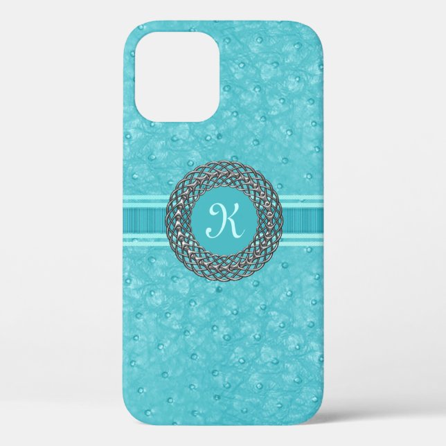 Chic Turquoise Ostrich Leather Look Monogram Case-Mate iPhone Case (Back)
