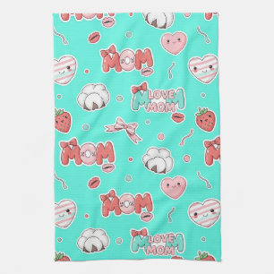 Chic Turquoise Pop Art MOM Love Pattern Kitchen Towel