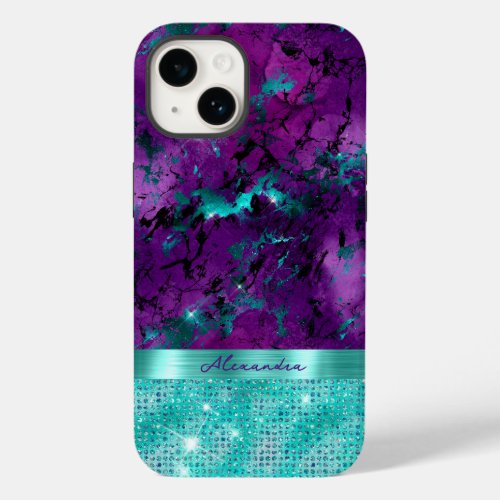 Chic Turquoise Purple Marble Faux Glitter Monogram Case_Mate iPhone 14 Case
