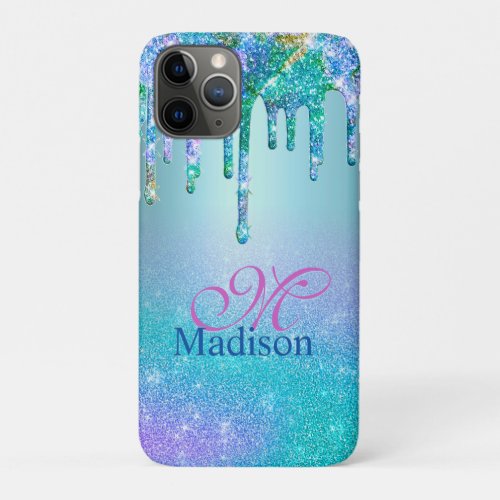 Chic turquoise purple ombre glitter drips monogram iPhone 11 pro case