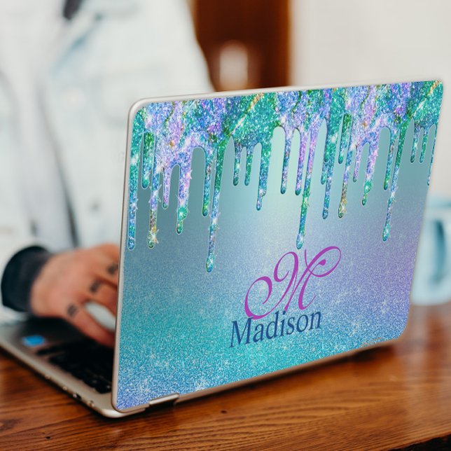 Chic turquoise purple ombre glitter drips monogram HP laptop skin (Creator Uploaded)