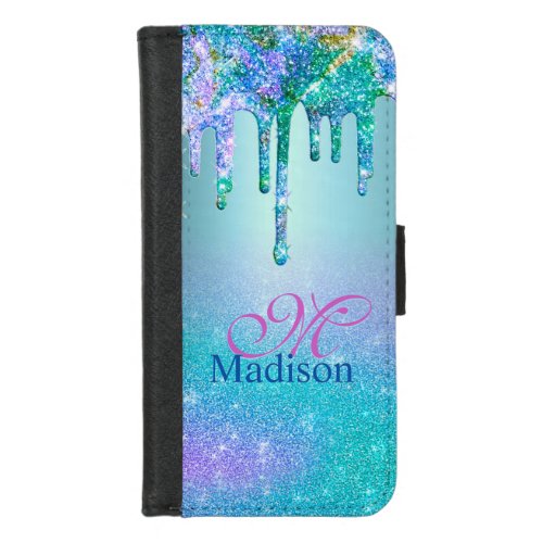 Chic turquoise purple ombre glitter drips monogram iPhone 87 wallet case