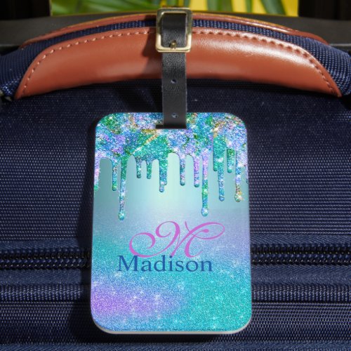 Chic turquoise purple ombre glitter drips monogram luggage tag