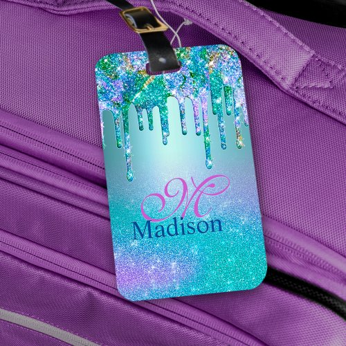 Chic turquoise purple ombre glitter drips monogram luggage tag