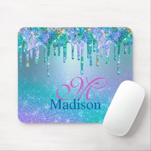 Chic turquoise purple ombre glitter drips monogram mouse pad