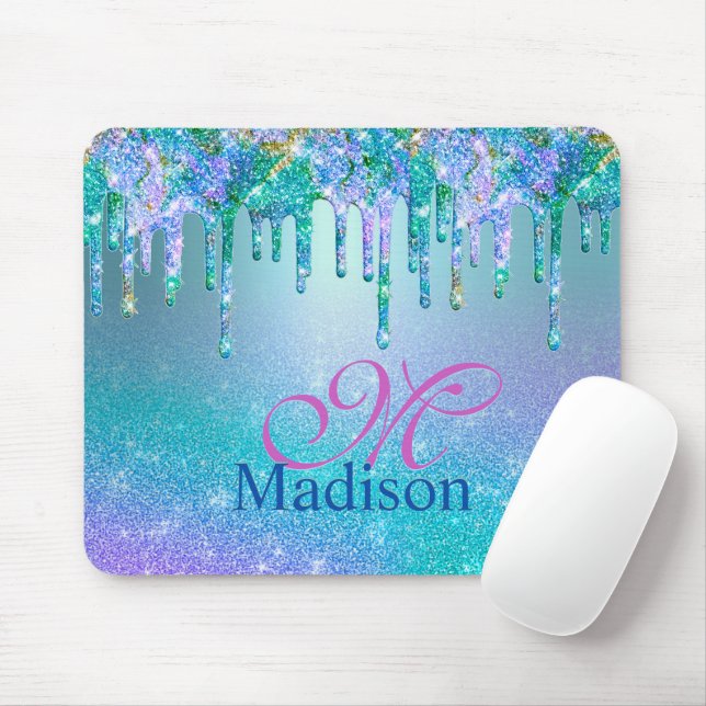 Chic turquoise purple ombre glitter drips monogram mouse pad (With Mouse)