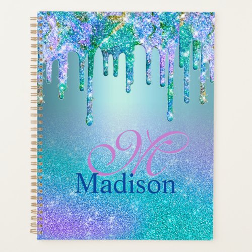 Chic turquoise purple ombre glitter drips monogram planner