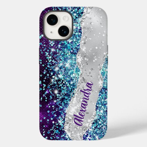 Chic Turquoise Purple Silver Faux Glitter Monogram Case_Mate iPhone 14 Case