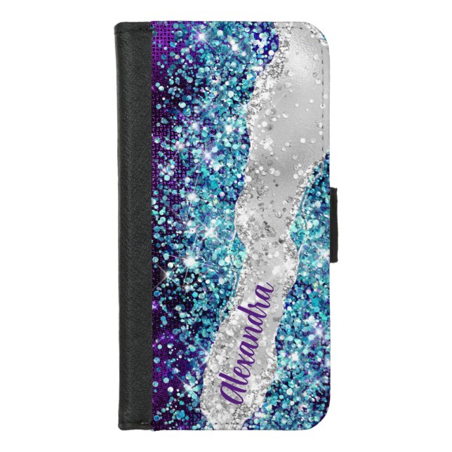 Chic Turquoise Purple Silver Faux Glitter Monogram iPhone Wallet Case (Front)