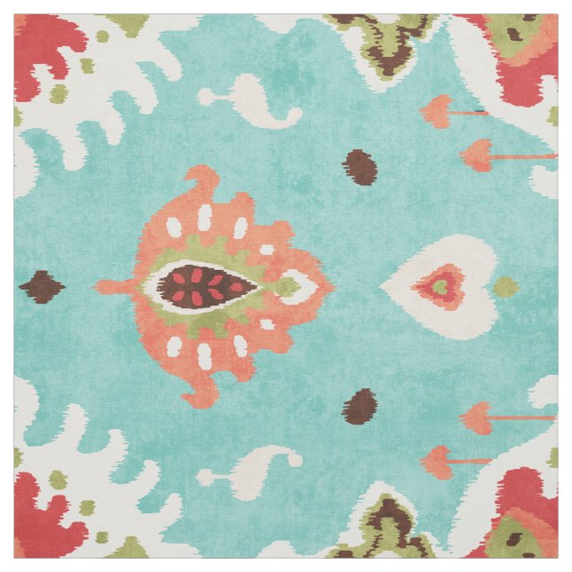 Chic turquoise red orange ikat tribal pattern fabric (Swatch)