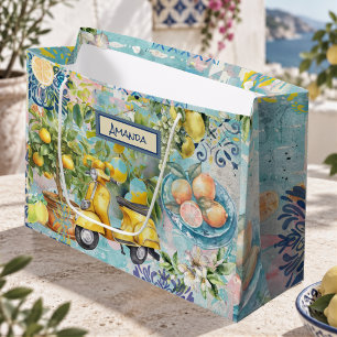 Chic Turquoise Sicilian Citrus Lemon Floral Large Gift Bag