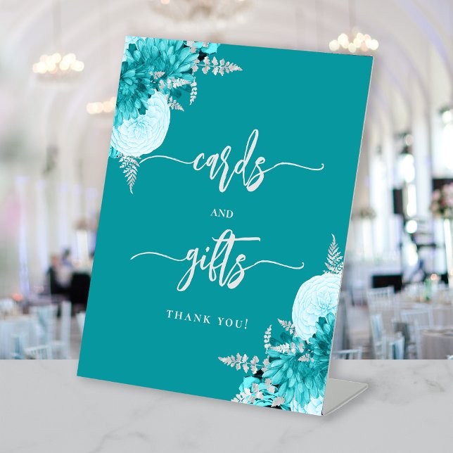 Chic Turquoise Silver Floral Wedding Cards Gifts Pedestal Sign (Creator Uploaded)