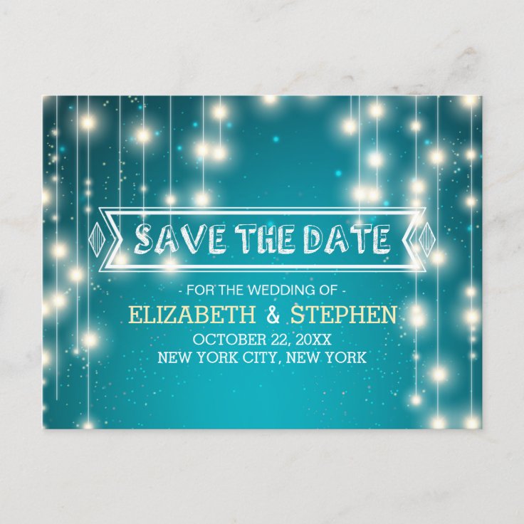 Chic Turquoise String Lights Wedding Save the Date Announcement