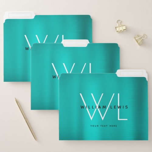 Chic Turquoise Teal Brushed Metal Modern Monogram  File Folder