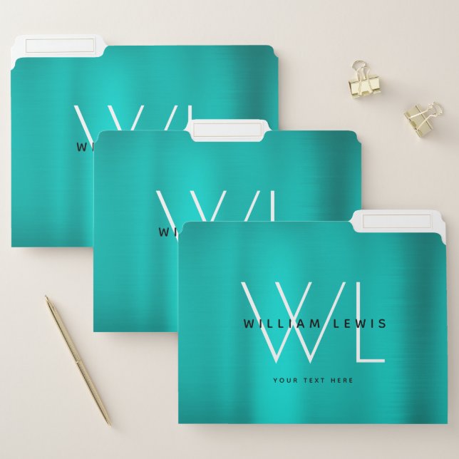 Chic Turquoise Teal Brushed Metal Modern Monogram  File Folder (Set)