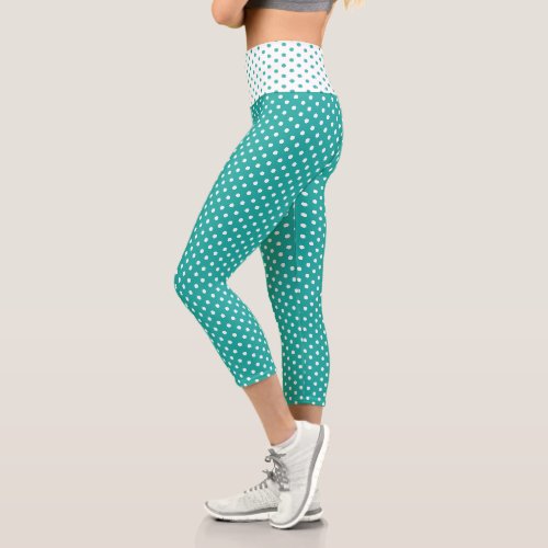 Chic Turquoise Teal Polka Dots Pattern Fashion Capri Leggings