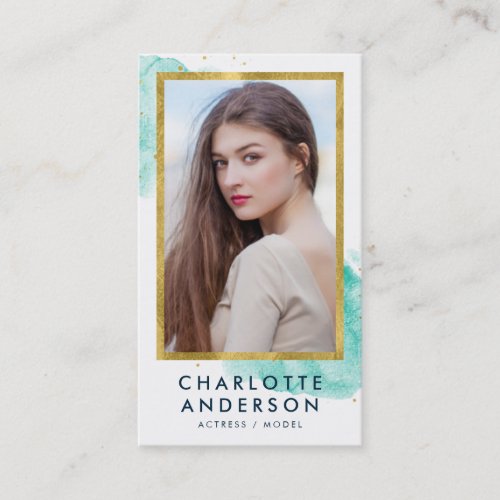 Chic Turquoise Watercolor Faux Gold Headshot Photo Business Card
