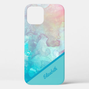 Chic Turquoise Watercolor Personalized iPhone 12 Case