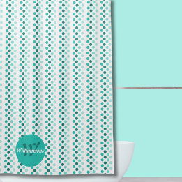 Chic Turquoise White Teal Dots Monogram Name Shower Curtain
