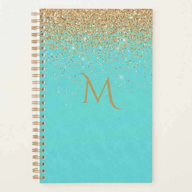 Chic Turquoise with Faux Gold Glitter Planner (Front)