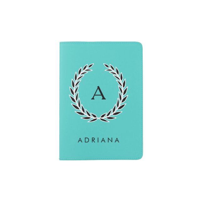 Chic Turquoise with Trendy Wreath and Monogram Passport Holder (Front)