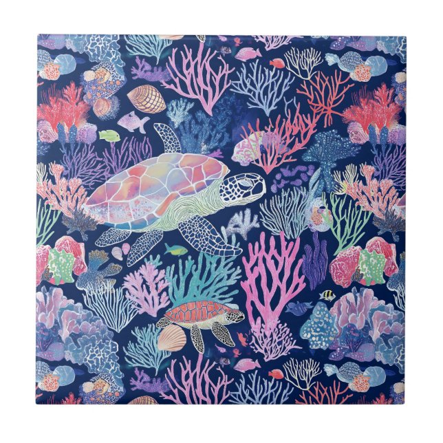 Chic turtle corals ceramic tile (Front)